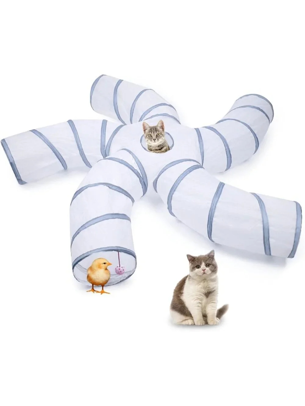 New Large Cat Tunnel - S-Shape 5-Way Collapsible Tube for Cats - White Grey